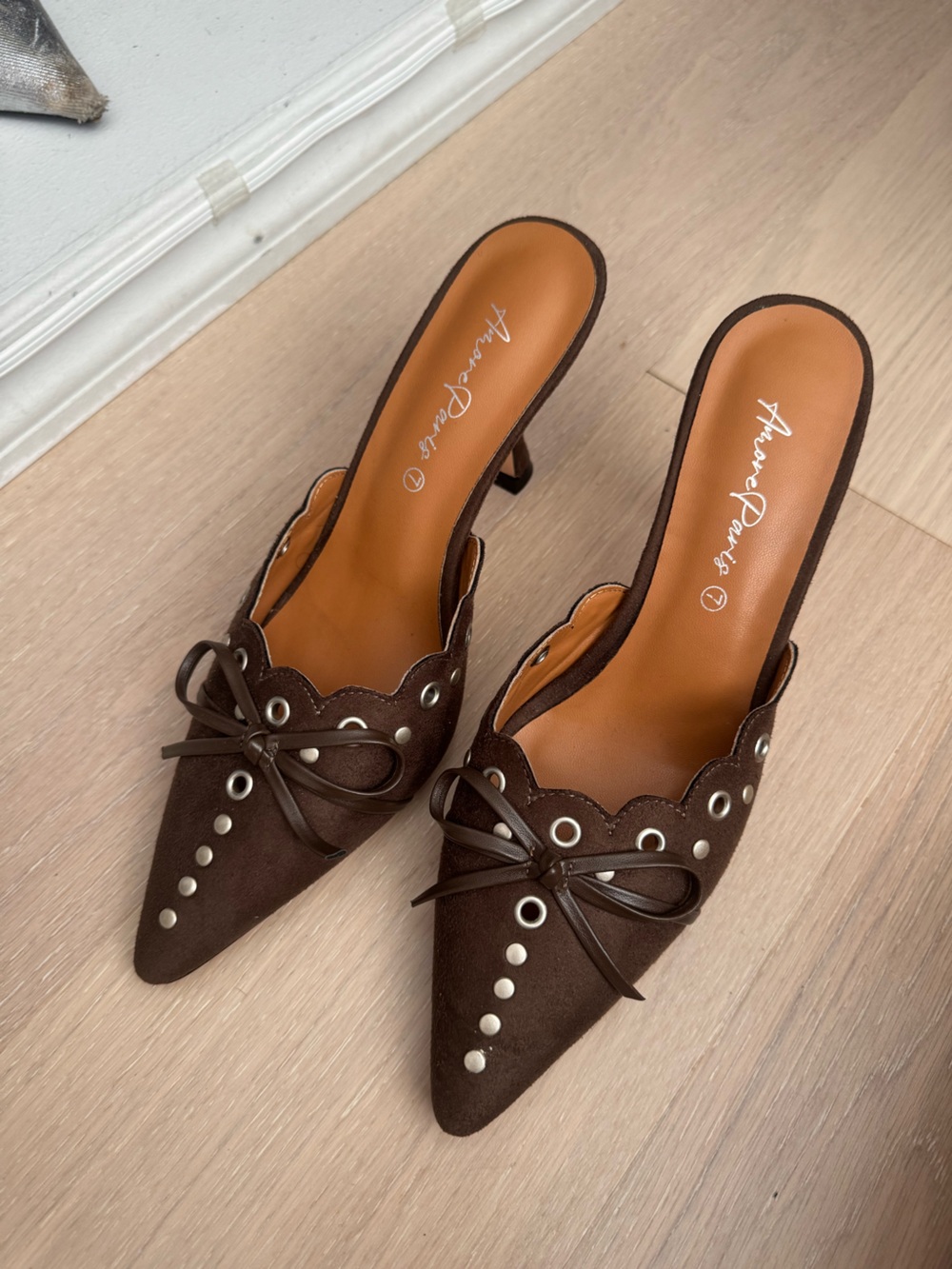 Brown Pointed Toe Mule kitten Heels
